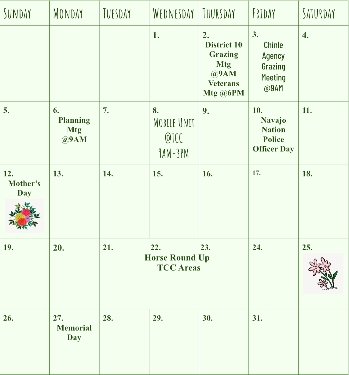Events Calendar Tselani/Cottonwood
